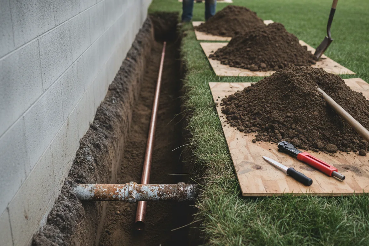 Excavated water line trench during Water Softener Installation in Santa Barbara